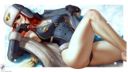 Rule 34 | 1girl, armpits, astra militarum, barefoot, black gloves, blue leotard, breasts, brown eyes, buttons, cleavage, coat, commentary, covering own mouth, english commentary, fur hat, fur trim, gloves, hand over own mouth, hat, highres, january, leg up, leotard, long coat, looking at viewer, lying, medium breasts, medium hair, military, military uniform, mole, mole on thigh, nose, on back, open clothes, open coat, pinup (style), red hair, skull, snow, snowing, solo, strap gap, themaestronoob, thighs, thong leotard, uniform, ushanka, valhallan ice warriors, variant set, warhammer 40k, winter clothes