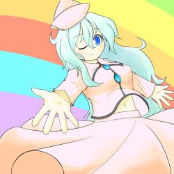 Rule 34 | 1girl, bad id, bad pixiv id, blue eyes, female focus, hat, long hair, merlin prismriver, navel, one eye closed, open hands, solo, touhou, white hair, wink