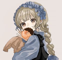 Rule 34 | 1girl, absurdres, angel french, bag, black dress, blue dress, blue nails, brown eyes, brown hair, commentary, doughnut, dress, food, food in mouth, french cruller, grey background, hairband, highres, holding, holding bag, holding food, lolita hairband, long sleeves, maple (abc2215), nail polish, original, paper bag, pinafore dress, puffy long sleeves, puffy sleeves, simple background, sleeveless dress, solo, symbol-only commentary, upper body