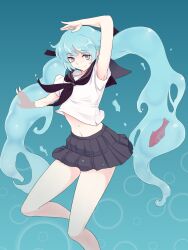 Rule 34 | 1girl, aqua eyes, aqua hair, arm up, black neckerchief, black sailor collar, black skirt, blue background, bottle miku, closed mouth, commentary, feet out of frame, gradient background, hatsune miku, highres, kakone, long hair, looking at viewer, navel, neckerchief, sailor collar, shirt, short sleeves, skirt, smile, solo, twintails, very long hair, vocaloid, white shirt