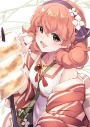 Rule 34 | 1girl, brown eyes, curly hair, dress, fire emblem, fire emblem echoes: shadows of valentia, fire emblem heroes, food, genny (fire emblem), hairband, highres, holding, jewelry, marshmallow, nakabayashi zun, necklace, nintendo, open mouth, pink hair, solo