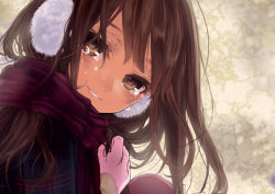 Rule 34 | 1girl, brown eyes, brown hair, character request, earmuffs, female focus, gloves, long hair, looking at viewer, moon, pantyhose, pisuke, scarf, skirt, smile, solo, source request, tears, winter clothes