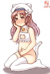 Rule 34 | 1girl, alternate costume, anal tail, animal ears, artist logo, bell, blush, bottomless, bra, brown eyes, brown hair, cat cutout, cat ears, cat lingerie, cat tail, choker, cleavage cutout, clothing cutout, commentary request, dated, fake tail, flower, frilled bra, frills, hair flower, hair ornament, hand on own face, hand on own stomach, hat, highres, implied pregnancy, jingle bell, kanon (kurogane knights), kantai collection, long hair, meme attire, neck bell, no panties, nose blush, sailor hat, simple background, solo, tail, thighhighs, underwear, underwear only, wavy hair, white background, white bra, white thighhighs, yashiro (kancolle)