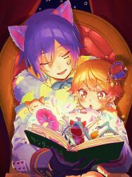 Rule 34 | 1girl, 2boys, absurdres, animal ears, blonde hair, blue gloves, blue hair, blue jacket, blue scarf, book, cat ears, closed eyes, crown, gloves, hatsune miku, highres, holding, holding book, jacket, kaito (vocaloid), multiple boys, parted lips, pop-up book, project sekai, scarf, sitting, smile, taro14 tea, tenma tsukasa, vocaloid, wonder magical showtime! (project sekai), wonderlands x showtime (project sekai), wonderlands x showtime kaito, wonderlands x showtime miku, yellow eyes
