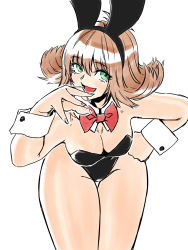 Rule 34 | 1girl, absurdres, animal ears, bare legs, black leotard, bow, bowtie, breasts, brown hair, cleavage, cowboy shot, detached collar, fake animal ears, final fantasy, final fantasy viii, flipped hair, green eyes, hair between eyes, hairband, hand up, highres, leaning forward, leotard, looking at viewer, medium breasts, medium hair, open mouth, playboy bunny, rabbit ears, red bow, red bowtie, selphie tilmitt, simple background, smile, solo, strapless, strapless leotard, toshinoshin, white background, wrist cuffs