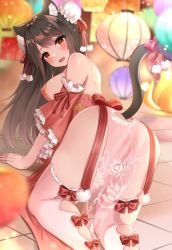 1girl :d all_fours animal_ear_fluff animal_ears ass bare_shoulders black_hair blurry breasts bun_cover cat_ears cat_girl cat_tail depth_of_field detached_sleeves dress frilled_sleeves frills from_behind highres katsushika_pachi lantern large_breasts long_hair looking_at_viewer looking_back open_mouth original panties paper_lantern pelvic_curtain pink_thighhighs red_dress red_eyes ribbon see-through_clothes smile solo tail tail_ornament tail_ribbon thighhighs thighs underwear white_panties