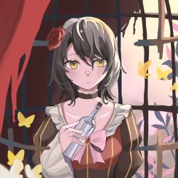Rule 34 | beiwushide lr, birdcage, bottle, bow, brown dress, brown hair, bug, butterfly, cage, choker, collarbone, corked bottle, dress, flower, frilled choker, frilled dress, frills, hair flower, hair ornament, highres, insect, juliet sleeves, long sleeves, message in a bottle, puffy sleeves, short hair, solo, spoilers, striped, umineko no naku koro ni, vertical stripes, yasu (umineko), yellow butterfly, yellow eyes