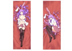 Rule 34 | 1girl, absurdres, animal ears, bed sheet, black thighhighs, blush, breasts, collarbone, dakimakura (medium), diving penguin, full body, highres, large breasts, long hair, long sleeves, lying, multiple views, navel, nipples, on back, on side, open mouth, pink skirt, pleated skirt, purple hair, rabbit ears, rabbit tail, red eyes, reisen udongein inaba, shirt, skirt, tail, thighhighs, touhou, white shirt