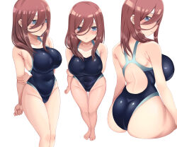 Rule 34 | 1girl, absurdres, arms behind back, ass, back cutout, blue eyes, blush, breasts, brown hair, closed mouth, clothing cutout, commentary request, competition swimsuit, covered navel, frown, go-toubun no hanayome, hair between eyes, highleg, highleg swimsuit, highres, large breasts, long hair, long hair between eyes, looking at viewer, monipai, multiple views, nakano miku, one-piece swimsuit, sideboob, swimsuit, thigh gap, white background