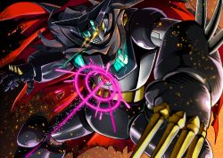 Rule 34 | arm blade, black getter, cape, getter robo, glowing, glowing eyes, hawe king, mecha, no humans, robot, shin getter robo, spikes, super robot, torn clothes, weapon