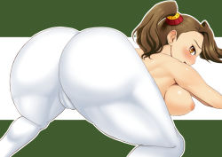 Rule 34 | 10s, 1girl, all fours, ass, blush, breast press, breasts, brown hair, cameltoe, from behind, gundam, gundam build fighters, gundam build fighters try, huge ass, large breasts, nipples, open mouth, pantyhose, puffy nipples, sazaki kaoruko, shiny skin, smile, solo, tomatto (@ma!), topless, twintails, white pantyhose, yellow eyes