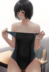 Rule 34 | 1girl, amagami, backlighting, black hair, black one-piece swimsuit, bob cut, breasts, brown eyes, clothes pull, competition swimsuit, cowboy shot, desk, highres, looking at viewer, nanasaki ai, one-piece swimsuit, one-piece swimsuit pull, school desk, short hair, signature, small breasts, solo, swimsuit, tan, tanline, two-tone swimsuit, white background, yoo tenchi