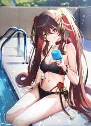 Rule 34 | 1girl, alternate costume, bare shoulders, bikini, black bikini, breasts, brown hair, choker, cleavage, commentary request, day, flower, flower-shaped pupils, food, gao kawa, genshin impact, gradient hair, grin, hair flower, hair ornament, highres, holding, holding food, holding popsicle, hu tao (genshin impact), jewelry, long hair, looking at viewer, medium breasts, multi-strapped bikini, multicolored hair, multiple rings, navel, outdoors, poolside, popsicle, red choker, red eyes, ring, side-tie bikini bottom, sidelocks, sitting, smile, soaking feet, solo, stomach, string bikini, swimsuit, symbol-shaped pupils, thighs, twintails, v-shaped eyebrows, very long hair, water, wet