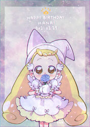 Rule 34 | 1girl, absurdres, blonde hair, blue flower, brown eyes, character name, commentary request, dated, dress, earrings, flower, gloves, happy birthday, hat, highres, holding, holding flower, jewelry, long hair, looking at viewer, magical girl, makihatayama hana, ojamajo doremi, own hands together, puffy short sleeves, puffy sleeves, rapisu, short sleeves, solo, standing, straight-on, twintails, very long hair, white dress, white gloves, white hat, white wings, wing hair ornament, wings