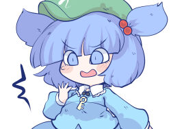 Rule 34 | 1girl, aqua shirt, aqua skirt, blue eyes, blue hair, blunt bangs, blush, chahan (fried rice0614), charm (object), chibi, collar, commentary request, frilled shirt collar, frills, green hat, hair bobbles, hair ornament, hand up, hat, kawashiro nitori, key, long sleeves, open mouth, puffy sleeves, shirt, short hair, simple background, skirt, solo, sweatdrop, touhou, two side up, upper body, white background, white collar