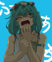 Rule 34 | 1girl, ancient greek clothes, angel, angel wings, blue background, chiton, flower, fusianas, green eyes, green hair, head wreath, highres, long hair, looking at viewer, one eye closed, open mouth, original, solo, tattoo, tears, teeth, toga, wings, yawning