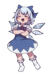 Rule 34 | 1girl, :d, blue bow, blue dress, blue hair, bow, child, cirno, closed eyes, crossed arms, dress, feral lemma, hair bow, highres, ice, ice wings, open mouth, shiny skin, short hair, short sleeves, smile, smug, socks, solo, touhou, wings, |d