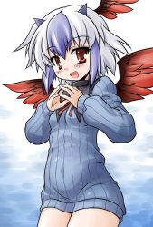Rule 34 | 1girl, akou roushi, alternate costume, blush, bottomless, brown eyes, female focus, head wings, horns, multicolored hair, naked sweater, no pants, revision, ribbed sweater, simple background, smile, solo, sweater, tokiko (touhou), touhou, two-tone hair, wings
