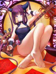 Rule 34 | 1girl, bare shoulders, barefoot, black dress, blue eyes, blunt bangs, blush, breasts, china dress, chinese clothes, cleavage, closed mouth, detached sleeves, dress, fate/grand order, fate (series), feet, gaaramomo, hair ornament, highres, knees up, large breasts, leaf hair ornament, legs, long hair, looking at viewer, pipa (instrument), purple hair, sidelocks, sitting, smile, solo, toes, twintails, very long hair, yang guifei (fate), yang guifei (second ascension) (fate)
