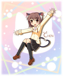 Rule 34 | 1girl, :d, alternate costume, animal ears, black socks, brown eyes, brown hair, casual, cat ears, cat tail, character name, chen, contemporary, fang, glance1109, hood, hooded jacket, jacket, looking at viewer, multiple tails, nekomata, open mouth, pleated skirt, shoes, short hair, skirt, smile, socks, solo, tail, touhou, waving