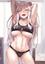 Rule 34 | 1girl, ahoge, animal ears, armpits, arms behind head, arms up, blurry, blurry background, breasts, cowboy shot, dog tags, earrings, fangs, gluteal fold, grey eyes, hair between eyes, highres, hololive, jewelry, large breasts, lion ears, lion girl, long hair, navel, no pants, one eye closed, open mouth, panties, shishiro botan, sidelocks, skindentation, solo, sports bra, sportswear, stomach, sweat, tinnies, underboob, underwear, underwear only, very long hair, virtual youtuber, white hair