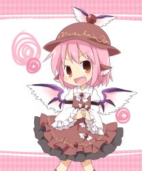 Rule 34 | 1girl, animal ears, blush, brown dress, brown eyes, chibi, dress, ear piercing, earrings, fang, female focus, folded hands, own hands clasped, hat, highres, jewelry, mystia lorelei, open mouth, own hands together, piercing, pink hair, solo, touhou, wings, yamabuki (yusuraume)