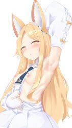 Rule 34 | 1girl, absurdres, animal ear fluff, animal ears, arm up, armpits, between breasts, blonde hair, blue archive, blush, breasts, breasts out, clothes between breasts, detached sleeves, dress, extra ears, fox ears, fox girl, halo, highres, long hair, looking at viewer, nipples, pink eyes, presenting armpit, seia (blue archive), sleeves past wrists, small breasts, solo, white dress, white sleeves, yellow halo, ykt scl