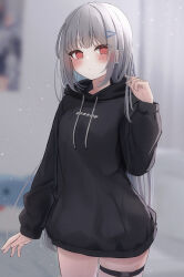 Rule 34 | 1girl, absurdres, arm at side, black hoodie, blurry, blurry background, blush, closed mouth, commentary request, cowboy shot, dot nose, drawstring, earrings, expressionless, grey hair, hair ornament, hairclip, hand up, highres, hood, hoodie, indoors, jewelry, long hair, long sleeves, looking at viewer, no pants, open hand, original, pink eyes, playing with own hair, skindentation, solo, standing, tanshio, thigh strap, very long hair