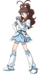 Rule 34 | 1girl, 4chan, blue eyes, boots, brooch, brown hair, cosplay, creatures (company), crossover, cure white, cure white (cosplay), drawfag, earrings, full body, futari wa precure, game freak, gloves, heart, heart brooch, hilda (pokemon), jewelry, knee boots, long hair, magical girl, midriff, name connection, nintendo, non-web source, pokemon, pokemon bw, precure, simple background, skirt, solo, standing, white background, white footwear
