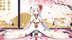 Rule 34 | 1girl, alternate breast size, azur lane, bird, black gloves, blue eyes, blurry, blurry foreground, blush, cherry blossoms, closed mouth, collarbone, commentary request, crane (animal), depth of field, fingerless gloves, gloves, hair ornament, head tilt, indoors, japanese clothes, kagami mochi, kimono, long hair, long sleeves, looking at viewer, maya g, mole, mole under eye, nengajou, new year, petals, print kimono, seiza, shoukaku (azur lane), silver hair, sitting, smile, solo, very long hair, white kimono, wide sleeves