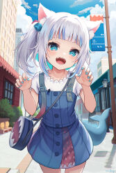 Rule 34 | 1girl, animal ears, bag, blue eyes, blue hair, blush, casual, cat ears, commentary, commentary request, english commentary, fins, fish tail, gawr gura, gawr gura (casual), highres, hololive, hololive english, looking at viewer, medium hair, mixed-language commentary, multicolored hair, official alternate costume, open mouth, oridays, shark girl, shark tail, sharp teeth, short sleeves, shoulder bag, side ponytail, skirt, solo, tail, teeth, two-tone hair, virtual youtuber, white hair