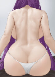 Rule 34 | 1girl, absurdres, ass, back, backboob, breasts, butt crack, facing away, fern (sousou no frieren), from behind, highres, large breasts, long hair, panties, purple hair, serelith, sitting, solo, sousou no frieren, topless, underwear, very long hair, white panties, wide hips