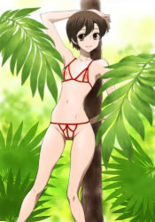Rule 34 | 1girl, bikini, brown eyes, brown hair, cropped legs, crotchless, female focus, forest, fujioka haruhi, highres, joy division, leaf, looking at viewer, nature, navel, nippleless clothes, ouran high school host club, outdoors, short hair, solo, swimsuit, tree