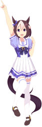 Rule 34 | 1girl, :d, animal ears, arm up, blue shirt, brown footwear, brown hair, frilled skirt, frills, full body, hair between eyes, hand up, highres, horse ears, horse girl, horse tail, looking at viewer, multicolored hair, open mouth, pleated skirt, puffy short sleeves, puffy sleeves, purple eyes, school uniform, shirt, shoes, short sleeves, simple background, skirt, smile, solo, special week (umamusume), standing, standing on one leg, tail, taka (takahirokun), thighhighs, tracen school uniform, two-tone hair, umamusume, white background, white hair, white skirt, white thighhighs