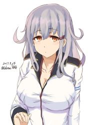 Rule 34 | 10s, 1girl, blush, breasts, celestea tera, dated, facial scar, gangut (kancolle), grey hair, hair between eyes, hair ornament, highres, jacket, kantai collection, large breasts, long hair, looking at viewer, military, military jacket, military uniform, no headwear, red eyes, red shirt, scar, scar on cheek, scar on face, shirt, simple background, solo, uniform, white background