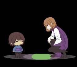 Rule 34 | 0725akaba, 1girl, 1other, between legs, black background, black footwear, black pantyhose, black shorts, blue shirt, blush stickers, boots, brown hair, character request, chibi, closed eyes, closed mouth, dress, frisk (undertale), hand between legs, high heel boots, high heels, highres, holding, holding stick, long sleeves, pantyhose, pantyhose under shorts, profile, purple dress, shirt, shoes, shorts, simple background, stick, striped clothes, striped shirt, undertale