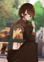 Rule 34 | 1girl, absurdres, blurry, blurry background, breasts, brown dress, brown eyes, brown hair, building, closed mouth, commentary request, day, depth of field, dress, from side, hand up, highres, long hair, long sleeves, looking at viewer, looking to the side, low twintails, original, outdoors, small breasts, smile, solo, tree, twintails, uzuki tsukuyo, watch, window, wristwatch