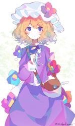 Rule 34 | 1girl, bad id, bad twitter id, bag, blonde hair, blue eyes, blue flower, blush, closed mouth, commentary, cowboy shot, flower, hair between eyes, hat, hat flower, highres, holding, holding flower, long sleeves, looking at viewer, maribel hearn, medium hair, mob cap, neck ribbon, one-hour drawing challenge, orange flower, purple flower, purple shirt, purple skirt, red flower, ribbon, satchel, shirt, skirt, sleeve cuffs, touhou, twitter username, umemaro (siona0908), white hat, white ribbon