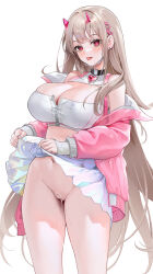 Rule 34 | 1girl, bare shoulders, blonde hair, blush, breasts, censored, choker, cleavage, cleavage cutout, cleft of venus, clothes lift, clothing cutout, goddess of victory: nikke, hair ornament, heart, heart-shaped pupils, heart censor, heart choker, highres, large breasts, long hair, looking at viewer, mole, mole under eye, ohisashiburi (style), pink eyes, pussy, pussy juice, saliva, simple background, skirt, skirt lift, smile, solo, symbol-shaped pupils, thighs, tongue, tongue out, viper (nikke), white background, white skirt, zhudouzi, zipper, zipper pull tab