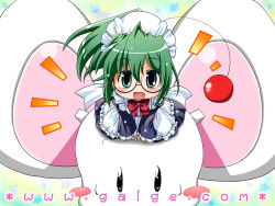 Rule 34 | 1girl, :d, blue eyes, blush, blush stickers, chibi, chibi only, galge.com, glasses, green hair, looking at viewer, maid, mouse (animal), mouse (galge.com), open mouth, original, scanner (galge.com), short hair, sitting, smile, v arms, wallpaper, watermark, web address