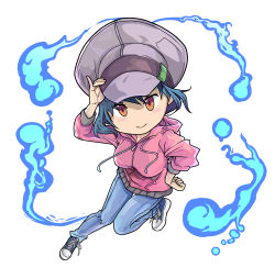 Rule 34 | 1girl, black hair, blush stickers, breasts, burakkori, cabbie hat, chibi, denim, full body, hand on own hip, hat, highres, hitodama, hood, hoodie, jeans, okita riona, pants, puzzle &amp; dragons, red eyes, shoes, short hair, sneakers, solo