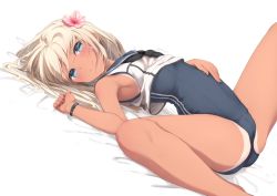 Rule 34 | 10s, 1girl, arched back, blonde hair, blue eyes, blush, breasts, flower, fueru nattou, hair flower, hair ornament, kantai collection, long hair, looking at viewer, one-piece swimsuit, ro-500 (kancolle), sailor collar, school swimsuit, school uniform, simple background, small breasts, smile, solo, spread legs, swimsuit, swimsuit under clothes, tan, tanline