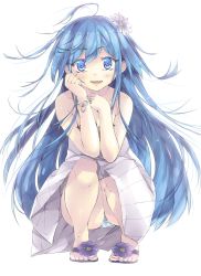 Rule 34 | 1girl, ahoge, bare shoulders, blue eyes, blue hair, blush, border, bracelet, collarbone, dress, flower, hair flower, hair ornament, highres, jewelry, looking at viewer, making-of available, matching hair/eyes, original, panties, sandals, shikinyan, smile, solo, squatting, striped clothes, striped panties, underwear