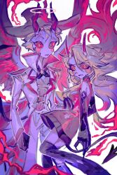 Rule 34 | 147654y, 1boy, 1girl, black thighhighs, blonde hair, charlie morningstar, colored sclera, demon, demon boy, demon girl, demon horns, demon tail, demon wings, dress, father and daughter, formal, hazbin hotel, highres, horns, long hair, looking at viewer, lucifer morningstar (hazbin hotel), red dress, red sclera, slit pupils, suit, tail, thighhighs, white suit, wings, yellow eyes