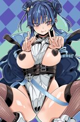 Rule 34 | 1girl, absurdres, blue hair, blush, breasts, daiou medama, double bun, double v, duel monster, evil twin lil-la, hair bun, heart stickers, highres, jacket, large breasts, lil-la (yu-gi-oh!), looking at viewer, purple eyes, short hair, smile, solo, spread legs, thighhighs, tongue, tongue out, v, yu-gi-oh!, yu-gi-oh! master duel