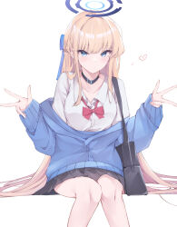 Rule 34 | 1girl, absurdres, bag, black choker, black skirt, blonde hair, blue archive, blue cardigan, blue eyes, blue halo, blush, bow, bowtie, breasts, cardigan, choker, closed mouth, collared shirt, commentary, double v, feet out of frame, halo, highres, hojiro same, long hair, long sleeves, looking at viewer, medium breasts, pleated skirt, red bow, red bowtie, school bag, shirt, simple background, skirt, solo, toki (blue archive), v, white background, white shirt