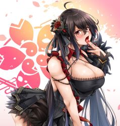 1girl ahoge asymmetrical_sleeves azur_lane bare_shoulders black_dress black_hair black_jacket breasts collar detached_collar detached_sleeves dress from_side hair_ribbon jacket large_breasts leaning_forward long_hair looking_at_viewer nail_polish oriue_wato red_collar red_eyes red_nails ribbon sakura_empire_(emblem) short_dress sleeveless sleeveless_jacket solo taihou_(azur_lane) taihou_(muse)_(azur_lane) tongue tongue_out uneven_sleeves very_long_hair