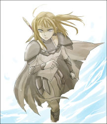 Rule 34 | 1girl, armor, blonde hair, breastplate, claymore (series), dietrich, floating hair, gauntlets, gyu tan (artist), long hair, simple background, solo, white background