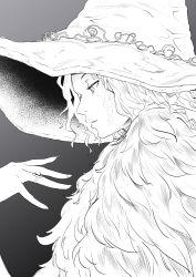 Rule 34 | 1girl, absurdres, cloak, coat, crack, cracked skin, elden ring, fingernails, fur cloak, fur coat, greyscale, hat, highres, jewelry, lips, long hair, looking at object, monochrome, nose, profile, ranni the witch, ring, simple background, solo, valtor, wavy hair, witch hat