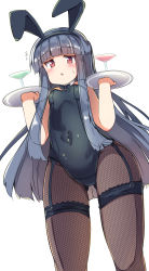 Rule 34 | 1girl, :&lt;, absurdres, animal ears, arms up, bare shoulders, black leotard, black pantyhose, blue hair, blush, breasts, covered navel, fake animal ears, fishnet pantyhose, fishnets, flying sweatdrops, garter straps, gluteal fold, highres, idolmaster, idolmaster cinderella girls, idolmaster cinderella girls starlight stage, leotard, long hair, pantyhose, playboy bunny, rabbit ears, red eyes, sajo yukimi, simple background, small breasts, solo, strapless, strapless leotard, thighs, tray, umberblack, waitress, white background